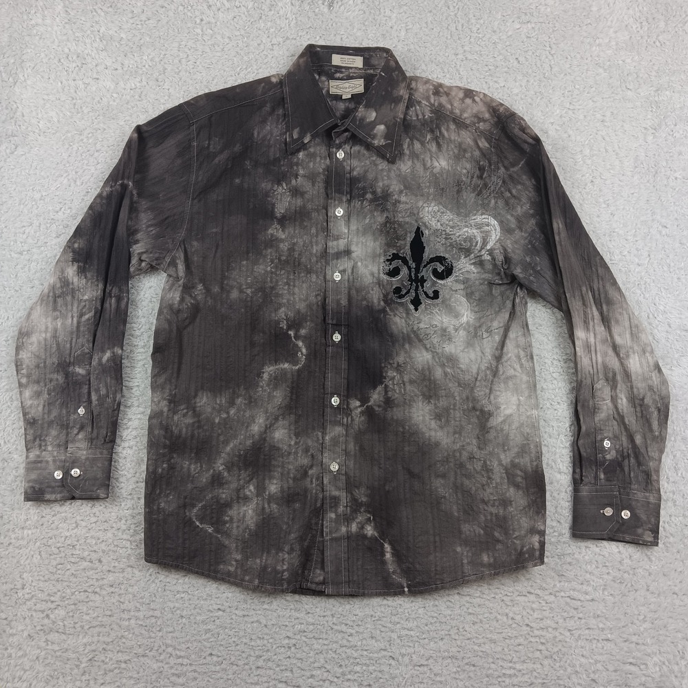 Eighty Eight Button Down Shirt Mens‎ L Grey Tie Dye Fleur De Lis Graphic